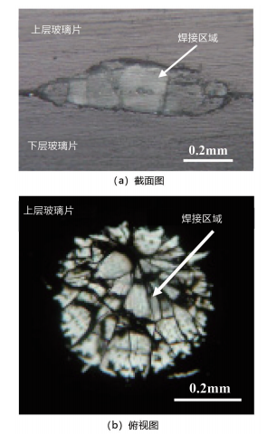 圖 6. 微分干涉差顯微鏡下的焊接區(qū)域微觀形貌（基片預(yù)熱溫度 293K，脈沖寬度 7.5ms，光束能量為 2.3J/ 脈沖）。