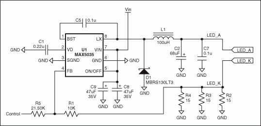 基于固定頻率、高集成度PWM開關(guān)轉(zhuǎn)換器MAX5035的高亮度LED電源原理圖