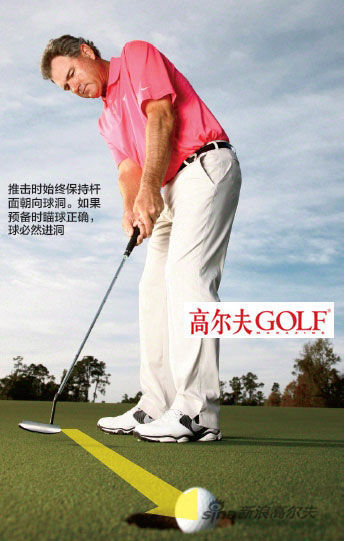 推擊時始終保持桿 面朝向球洞。如果 預(yù)備時瞄球正確， 球必然進(jìn)洞